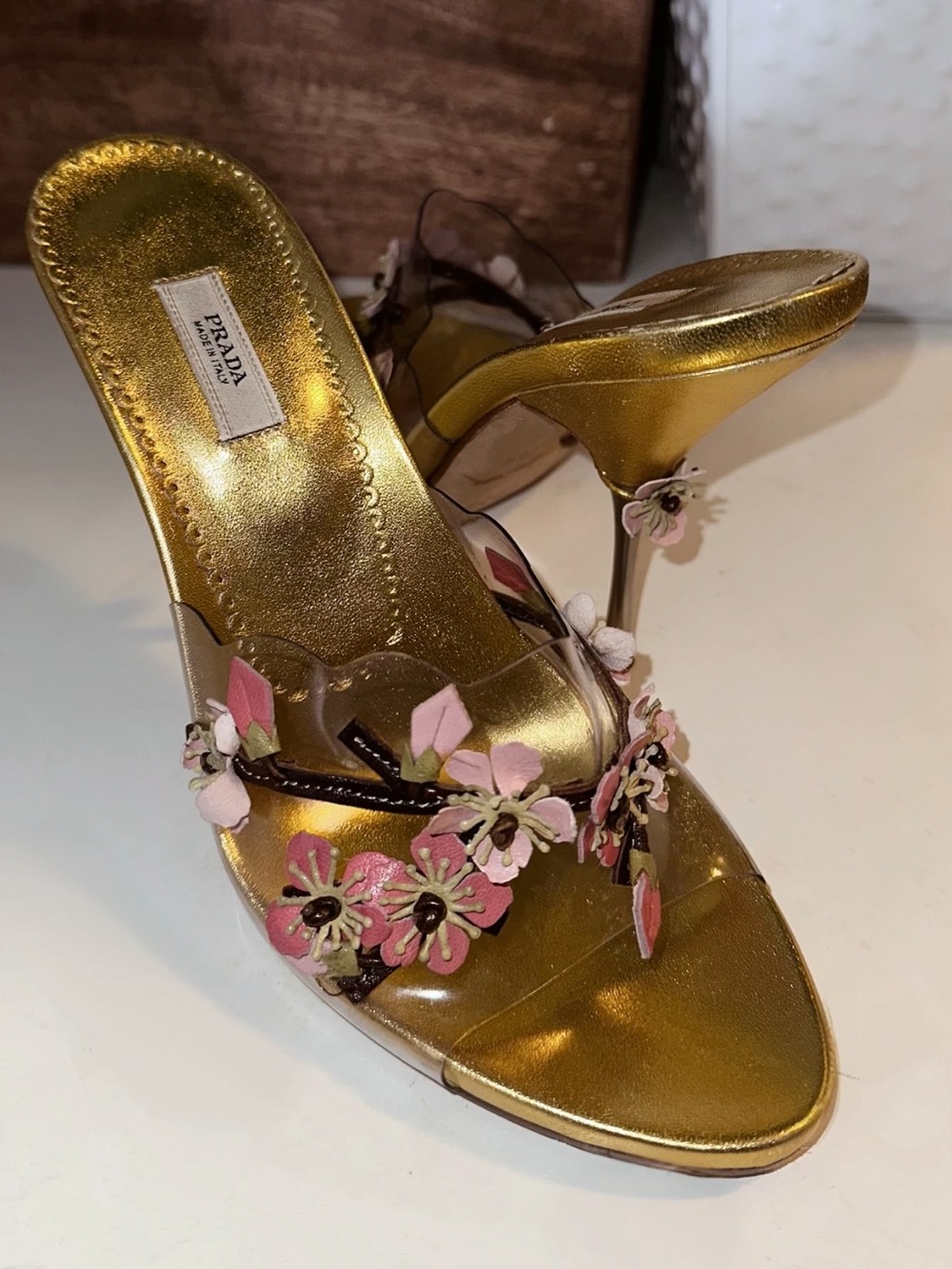 Prada Gold Leather Floral Appliqué Slide Heels with Pink Details